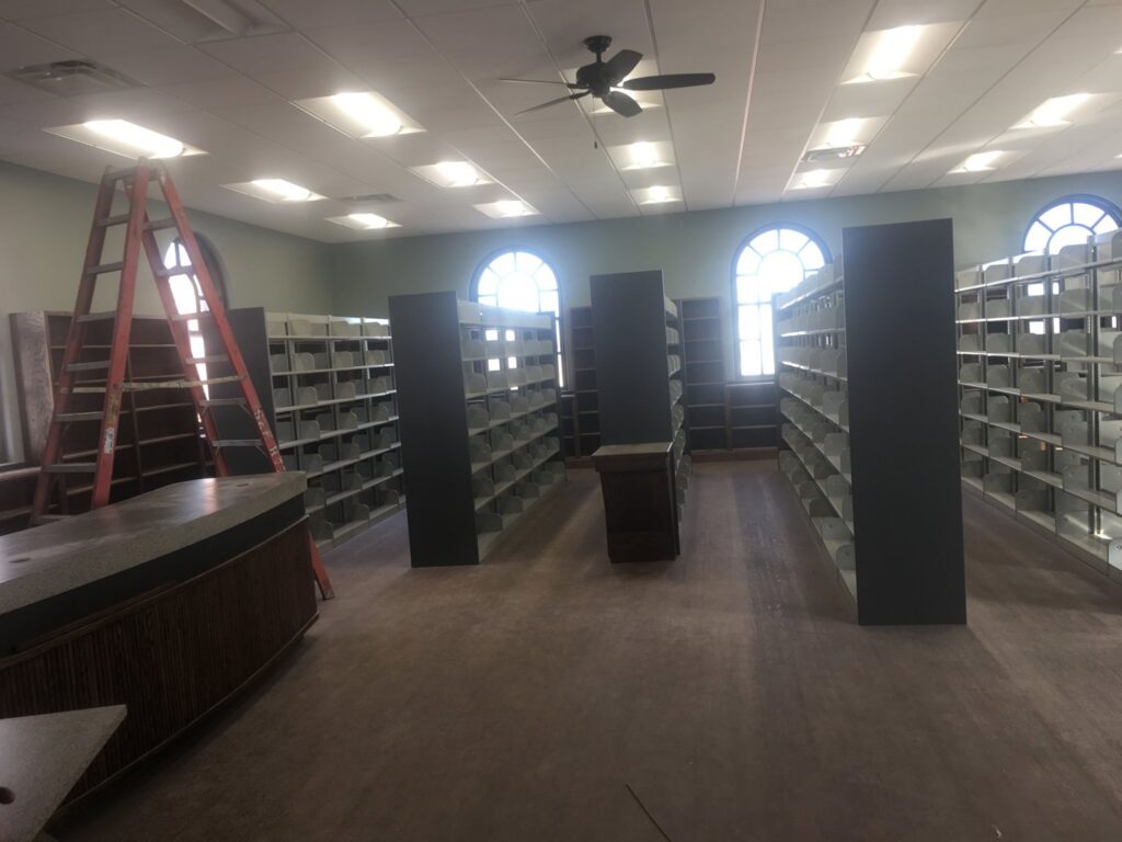 New overhead lighting installed in a library or commercial space by Erbert Electric in Overland Park, KS