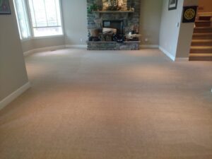 Light beige carpet installed in a spacious living room by George Babb Floor Covering in Enumclaw, WA.