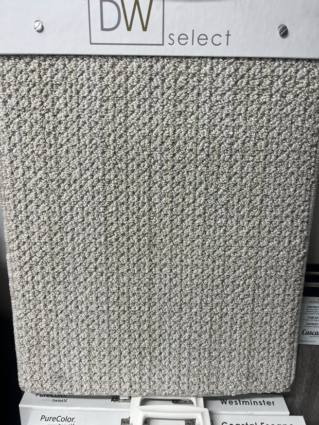 A close-up of a light beige patterned carpet sample at West Michigan Flooring & Interiors in Byron Center, MI.