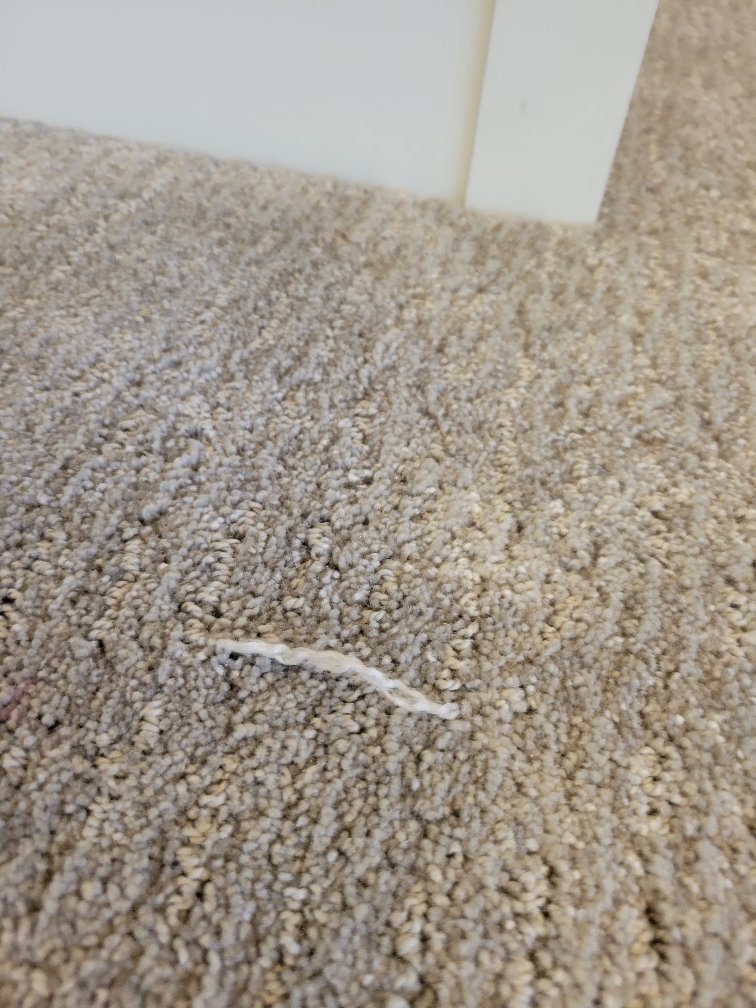 A close-up of light-colored carpet with a loose thread near a white baseboard by Advanced Flooring in Appleton, WI.