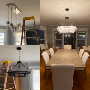 A before and after collage showing the installation of new light fixtures, including a chandelier and pendant lights, by Arbiter Electric LLC in East Hampton, CT.