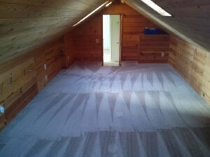 Light grey carpet installed in a finished attic room by George Babb Floor Covering in Enumclaw, WA.