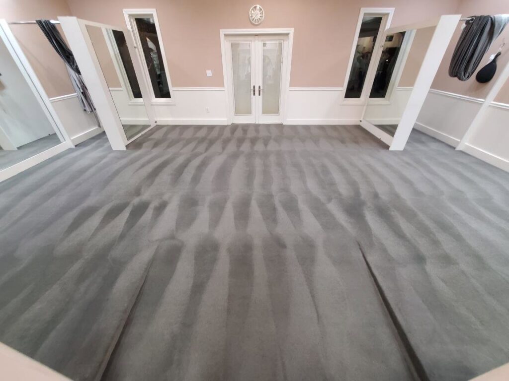 Light grey carpet showing distinct cleaning lines after service by TLC Carpet Cleaning, Inc. in Lewisville, TX.