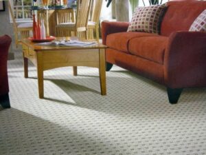 A cozy living room showcasing a light patterned carpet installed by Floor Designs Unlimited, LLC in Pittsburgh, PA