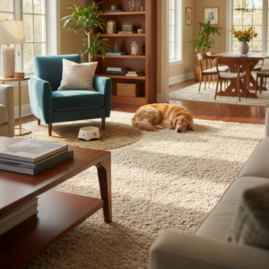 A spacious living room featuring a light-colored shaggy rug installed by Levi's 4 Floors in Columbus, OH