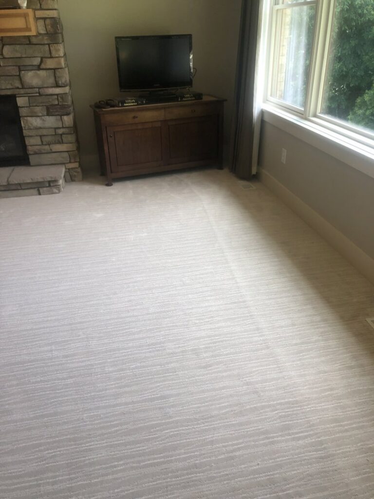A newly installed light-colored, textured carpet in a living room by Grand Rapids Flooring in Grand Rapids, MI.