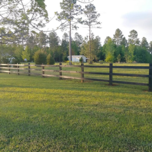 A light wood picket fence enclosing a residential yard by Melanie K. Lynch in Crawfordville, FL