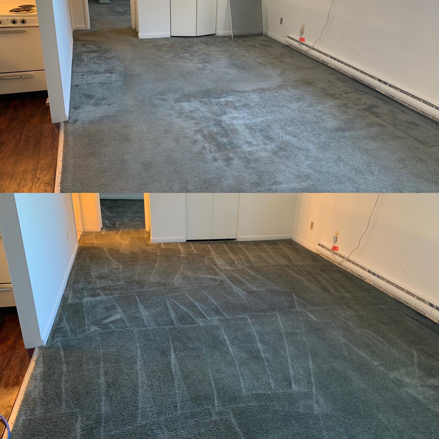Before and after view of a living area's grey carpet after professional cleaning by Dyenasty Carpet in Baltimore, MD.