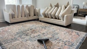 A living room area rug being professionally cleaned by Pronto And Carpet LLC in Charlotte, NC.