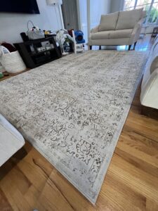 A living room area rug showing fresh cleaning lines after service by Tmz Magic Carpet Cleaning in West Hartford, CT.