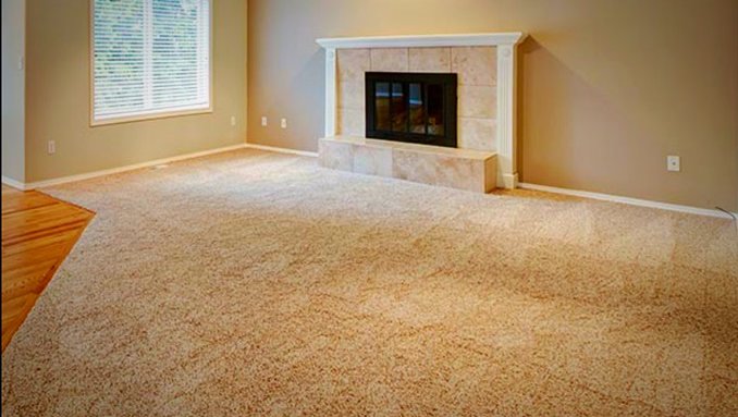A cozy living room with new beige carpet and a fireplace, installed by Great Northern Flooring in Bensenville, IL.