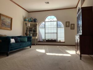 Cleaned living room carpet showing fresh cleaning lines by Action Carpet Cleaning & Restoration in Norman, OK