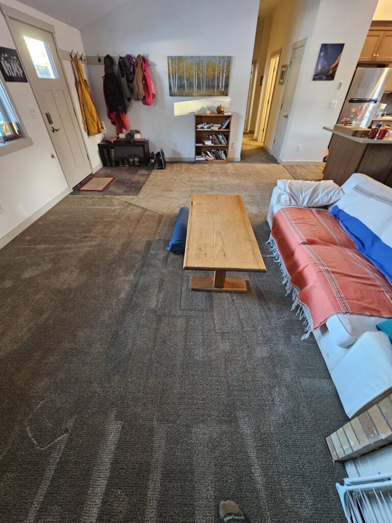 A living room carpet showing fresh cleaning lines after professional service by Interior Care Carpet Cleaning in Bend, OR.