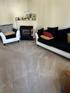 A living room carpet freshly cleaned with distinct patterns, highlighting the quality service of Ype Cleaning LLC in Monroe, NC.