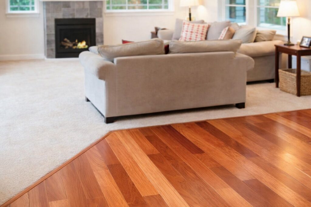 A modern living room featuring a combination of light-colored carpet and polished hardwood flooring installed by Floors By Tomorrow in Aurora, CO