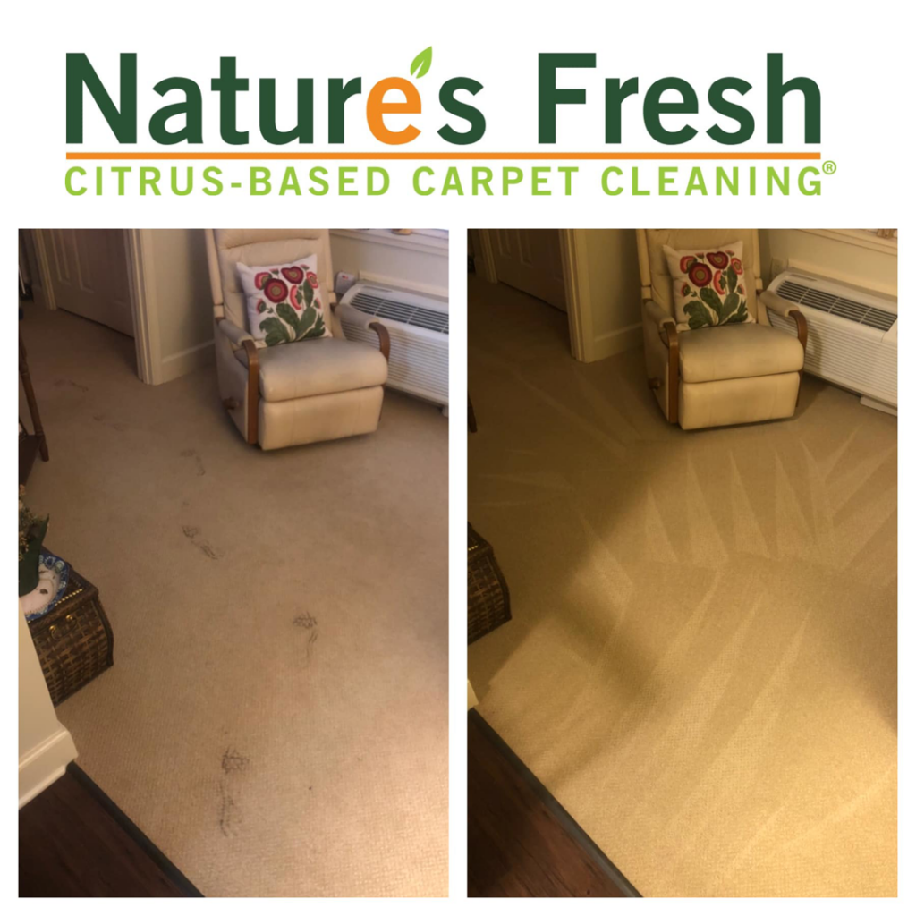 Before and after comparison of a living room carpet cleaned by Nature's Fresh in Birmingham, AL