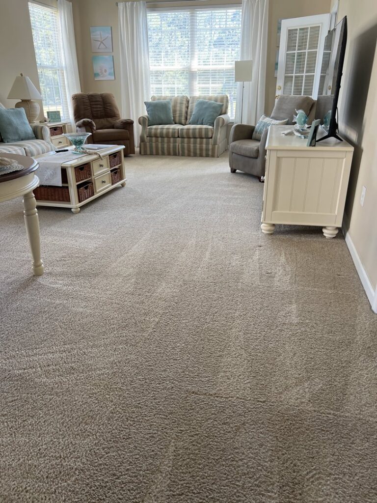A clean, light brown carpet in a living room after professional cleaning by All Ways Organic Citrus Carpet & Upholstery Cleaning in Wilmington, NC.