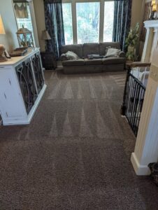 A living room with brown carpet freshly cleaned and showing distinct patterns by Dewdrop Carpet Cleaning in Kansas City, MO.