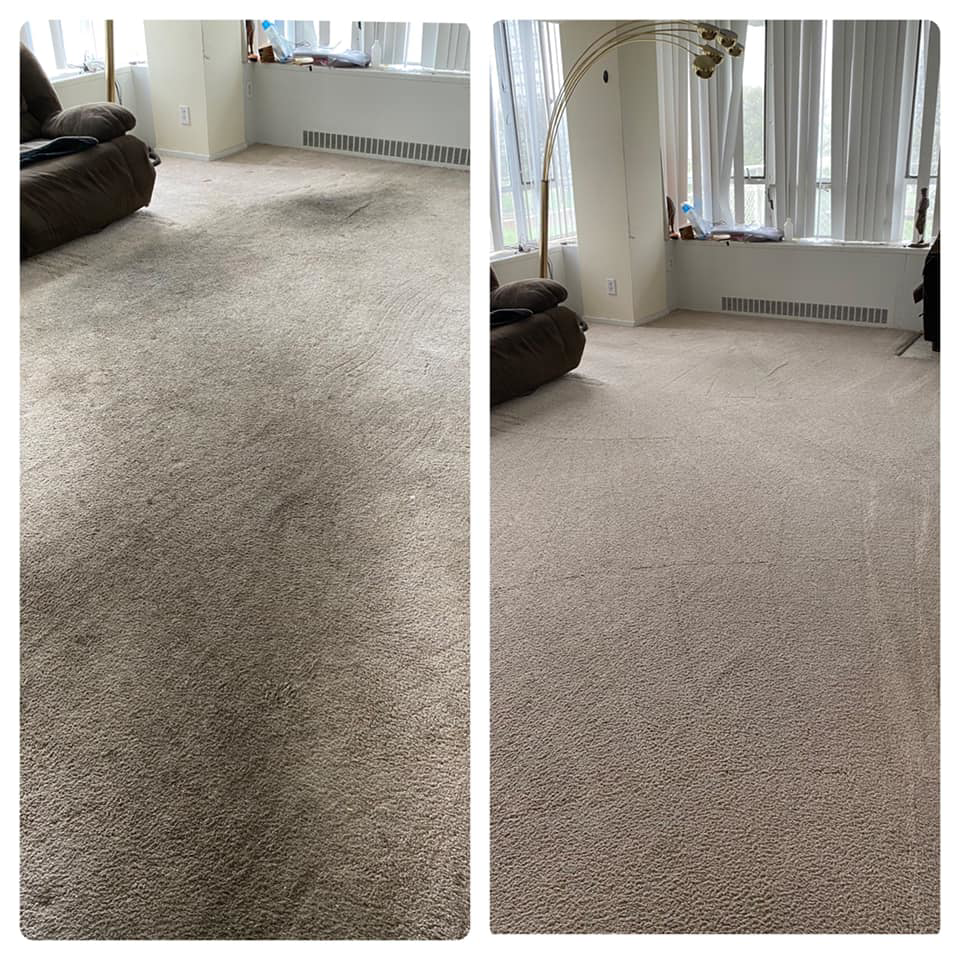 Before and after of a living room carpet professionally cleaned by Best Results Carpet & Upholstery Cleaning in Naperville, IL.
