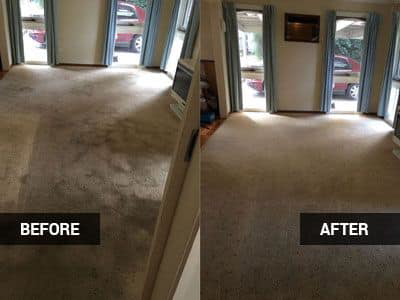 Before and after of a living room carpet cleaned to perfection by Kiwi Clean Carpet Cleaning in Phoenix, AZ.