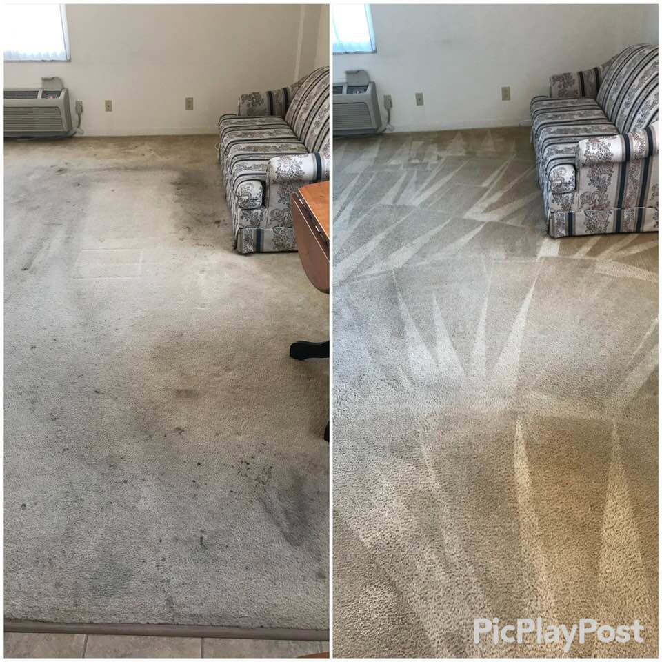 Before and after photos of a living room carpet cleaning service by Sure Clean Professionals in Port St. Lucie, FL