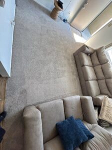 Overhead view of a living room carpet showing distinct cleaning lines from Central California King of Clean LLC in Bakersfield, CA.
