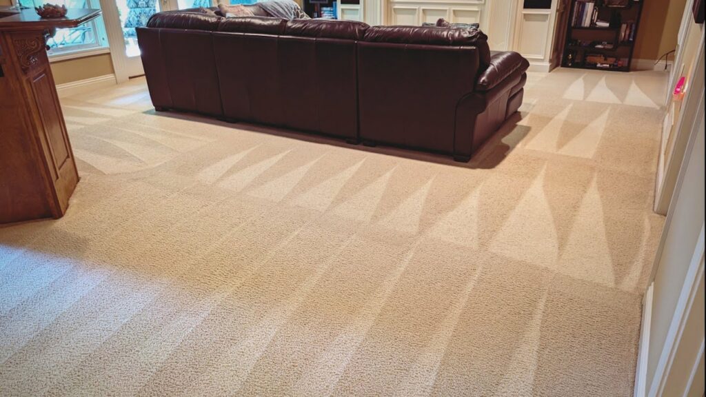 A living room with light-colored carpet showing distinct cleaning patterns from Dewdrop Carpet Cleaning in Kansas City, MO.