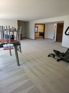 A spacious living room featuring light-colored carpet with distinct cleaning patterns from Pueblo's Best Carpet & Air Duct Cleaning in Pueblo West, CO.