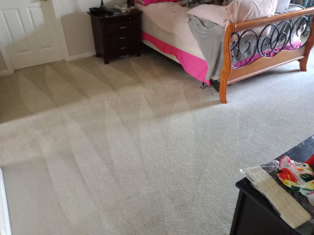 A living room with a fireplace and sofa, featuring freshly cleaned carpet with visible lines by Proper Carpet Cleaning in Aurora, IL.