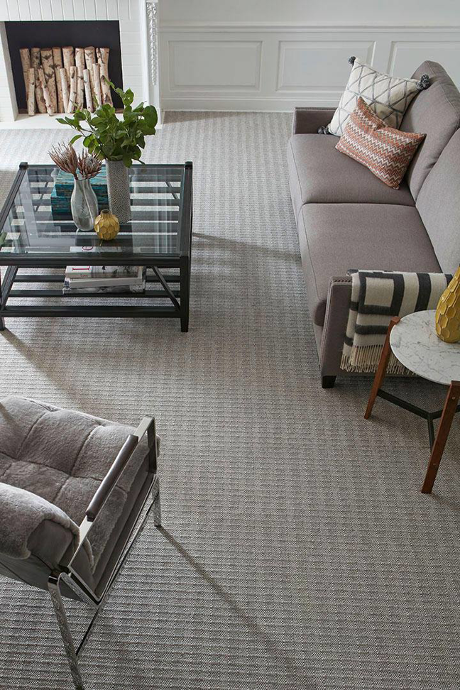 A modern living room featuring new wall-to-wall carpet installed by Avalon Flooring in Toms River, NJ