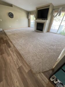Newly installed carpet in a spacious living room with a fireplace by Rayman Flooring in Aberdeen, SD