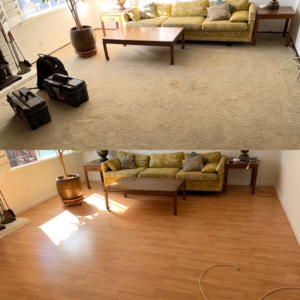 Before and after of a living room showing old carpet replaced with new hardwood flooring by H & T Flooring in Clarksville, TN