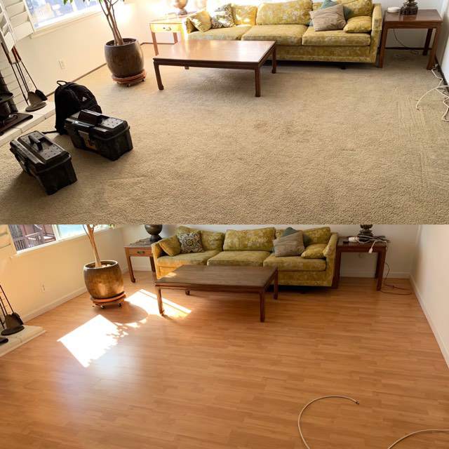 Before and after of a living room showing old carpet replaced with new hardwood flooring by H & T Flooring in Clarksville, TN