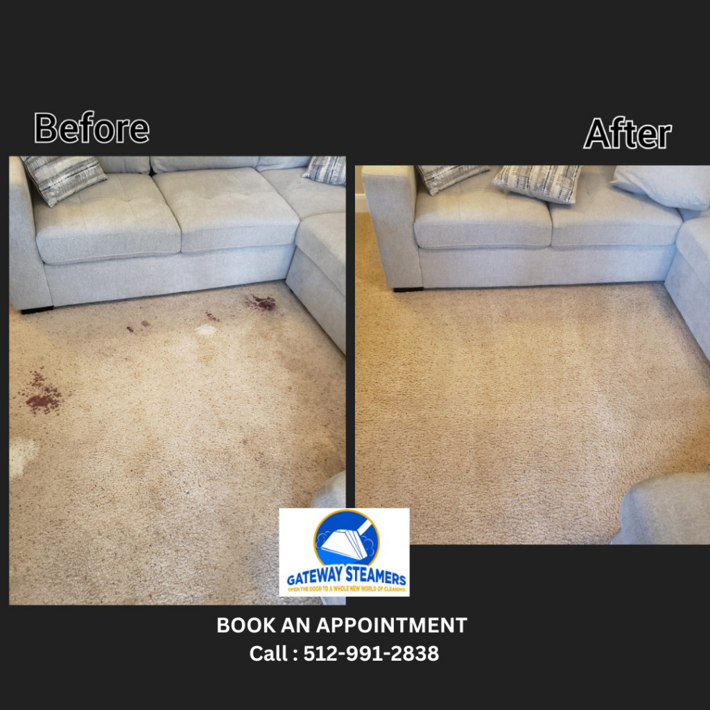 Living room carpet with large stains before and after cleaning by Gateway Steamers in Austin, TX
