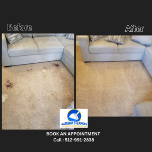 Living room carpet with large stains before and after cleaning by Gateway Steamers in Austin, TX