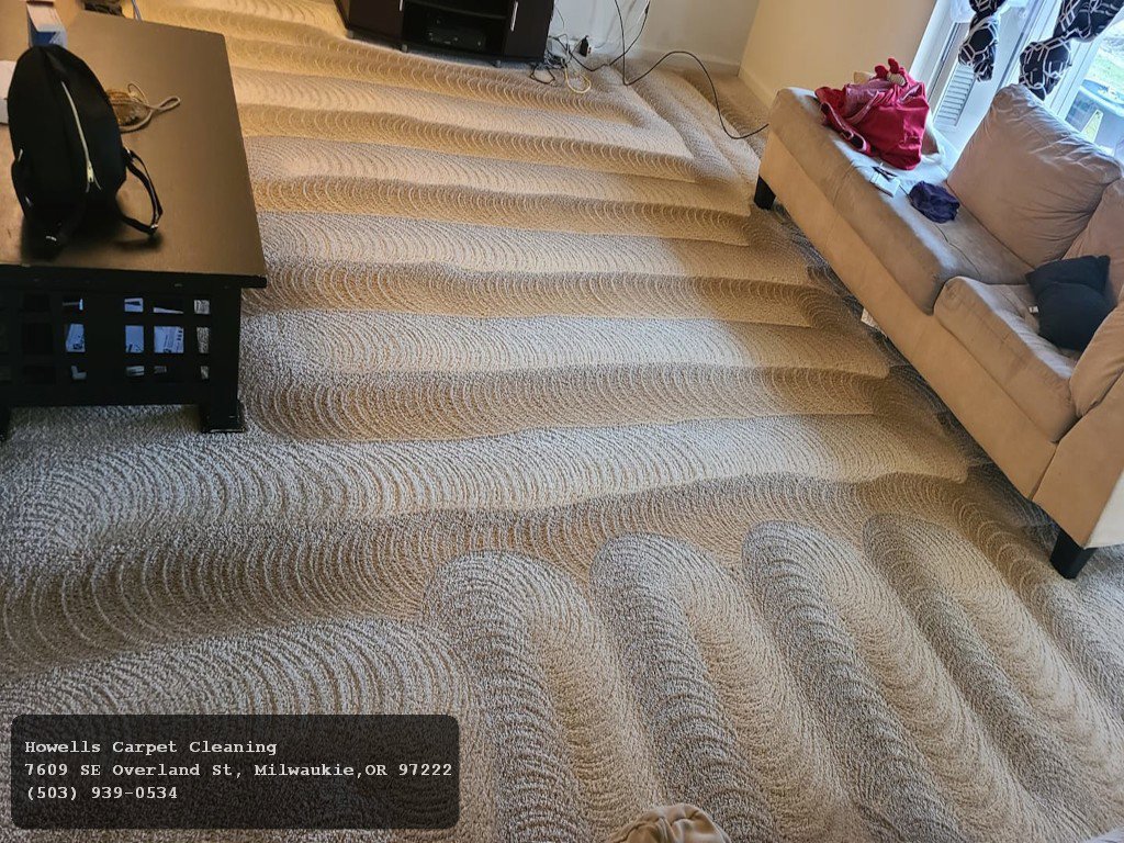 A living room carpet showcasing unique cleaning patterns after service by Howells Carpet Cleaning in Milwaukie, OR.