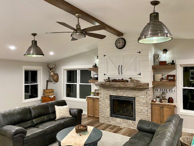Living room featuring a new ceiling fan and pendant lighting installed by Kavanagh Electric in Fresno, CA.