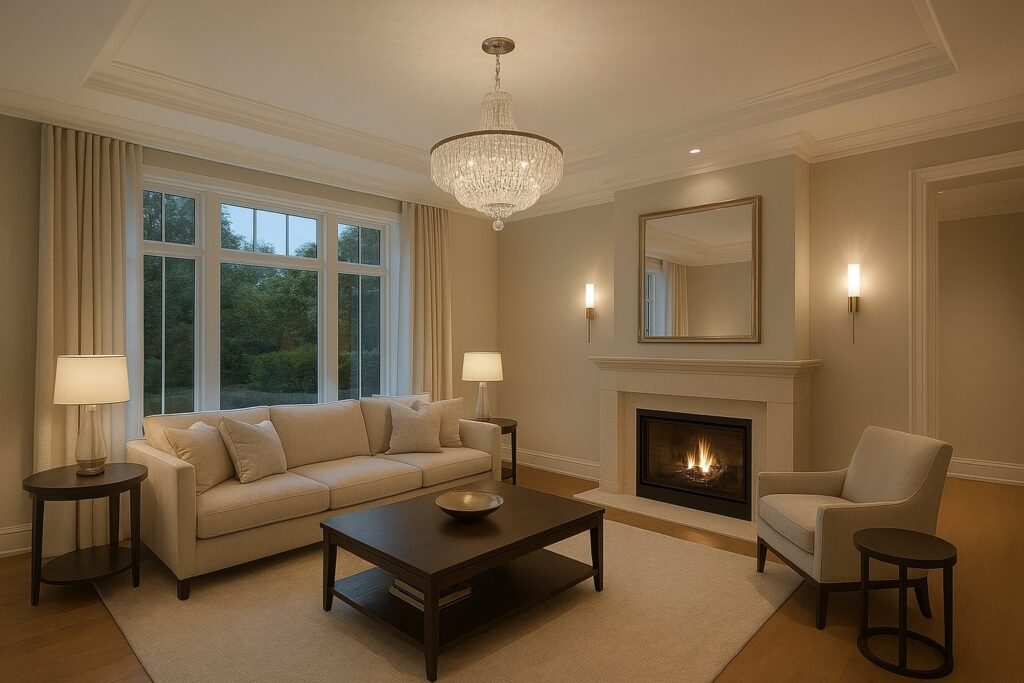 A living room featuring a chandelier and wall sconces installed by ILIC Electric in Chicago, IL.