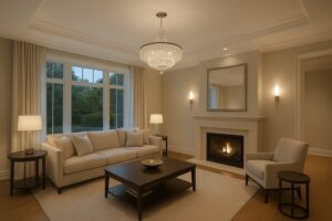 A living room featuring a chandelier and wall sconces installed by ILIC Electric in Chicago, IL.