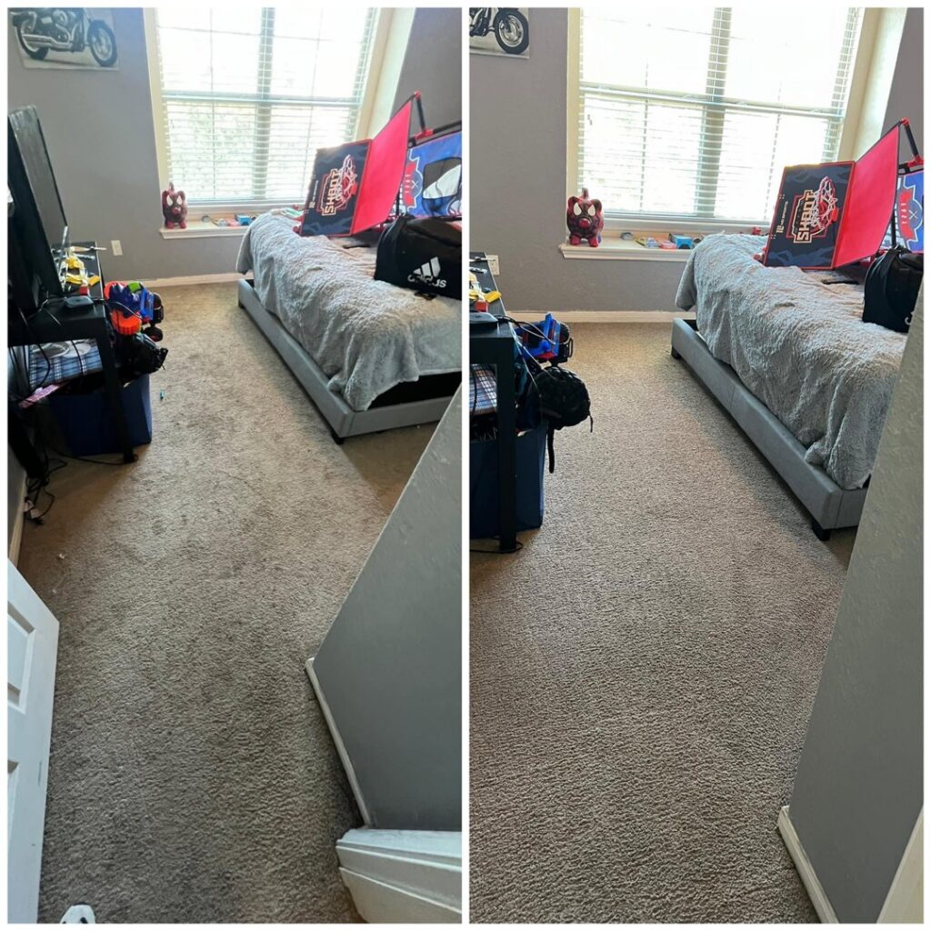 A before and after comparison of a grey living room carpet, showcasing professional cleaning by Green Dragon Carpet & Upholstery Cleaning LLC in Boise, ID.