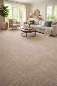A bright living room featuring a new light brown carpet installation by The Flooring Supplies Co. in Livonia, MI.