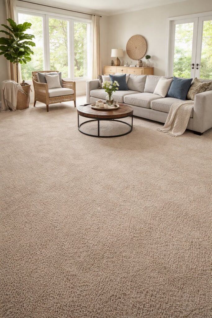 A bright living room featuring a new light brown carpet installation by The Flooring Supplies Co. in Livonia, MI.