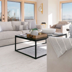 A modern living room featuring a light-colored carpet installed by Flooring Warehouse Houston, TX