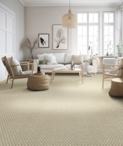 A beautifully installed light-colored patterned carpet in a living room by Son Shine Floor Covering LTD in Warren, MI.