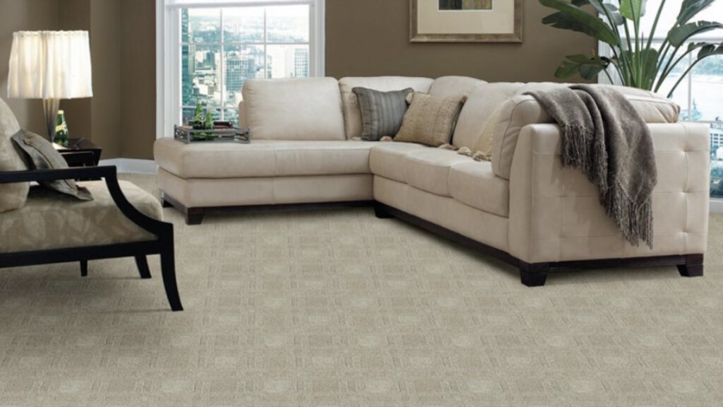 A beautifully furnished living room featuring new patterned carpet installed by Great Northern Flooring in Bensenville, IL.