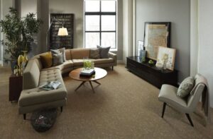 A modern living room featuring a newly installed patterned carpet by McFarland's Flooring EnCounters in Tacoma, WA.