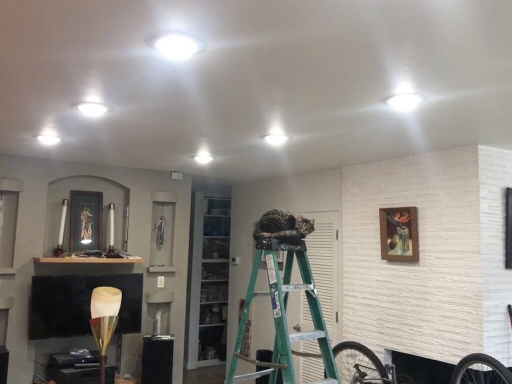Living room with new recessed lighting installation by Intel-electric in Anchorage, AK, with a cat on a ladder