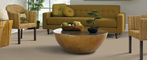 A modern living room featuring a newly installed carpet by BSA Flooring & Window Coverings in San Diego, CA.