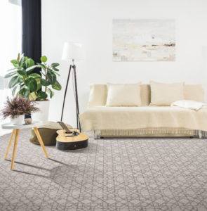 A modern living room featuring stylish patterned carpet installed by Milos flooring in Raleigh, NC