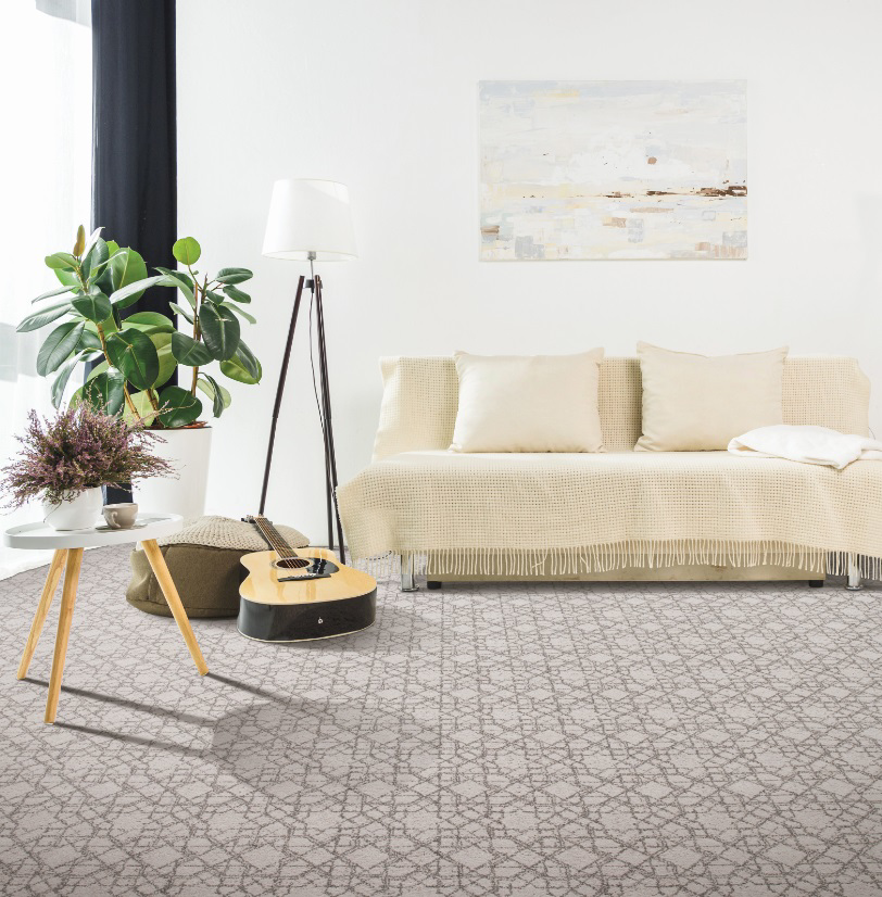 A modern living room featuring stylish patterned carpet installed by Milos flooring in Raleigh, NC